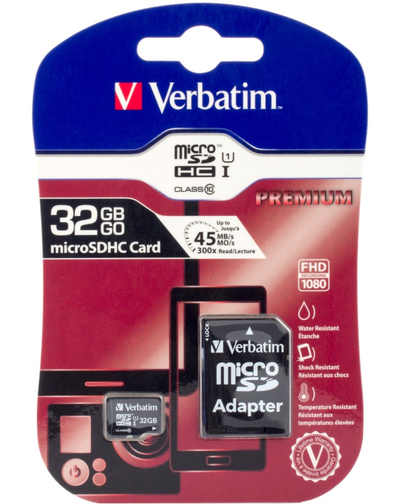 Micro SDHC карта памет 32 GB Verbatim Premium Micro SDHC карта памет 32 GB Verbatim Premium - Class 10, U1 със SD адаптер -