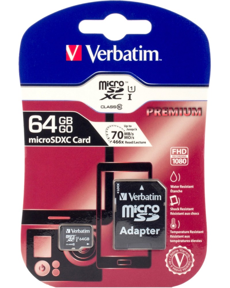 Micro SDXC карта памет 64 GB Verbatim Premium Micro SDXC карта памет 64 GB Verbatim Premium - Class 10, U1 със SD адаптер -