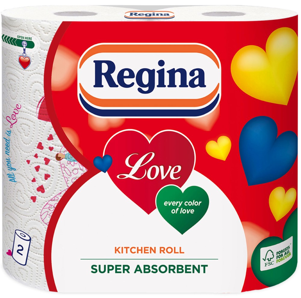Трипластова кухненска хартия Regina Love Трипластова кухненска хартия Regina Love - 2 ролки x 100 къса, 22.5 x 22.5 cm - продукт