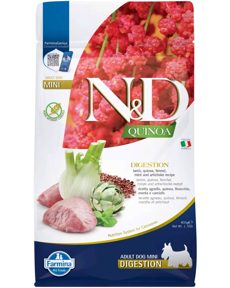 ���� ����� �� ����� ������������ �� ������ N&D Dog Mini Digestion - 0.8 � 7 kg, � ������� ����, �����, �����, ����� � �������, �� ������� Quinoa, �� ������ ������, ��� 1 ������ - �����
