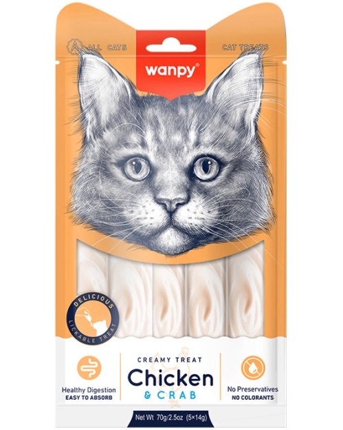 Кремообразни лакомства за котки Wanpy Кремообразни лакомства за котки Wanpy - 5 x 14 g, с пилешко и раци, за над 3 месеца - храна