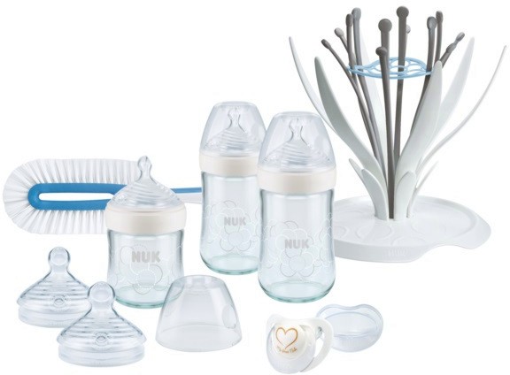 Комплект за новородено NUK - С шишета, биберони, залъгалка, сушилка и четка от серията Nature Sense - продукт