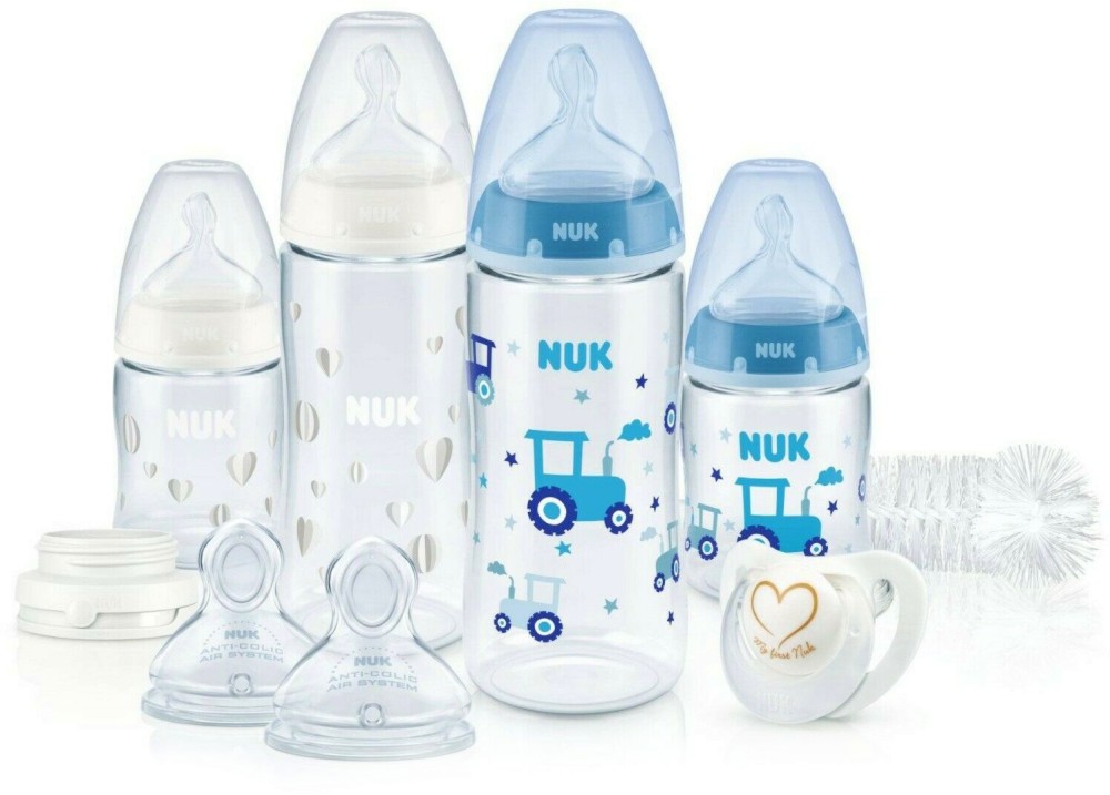 Комплект за новородено NUK Temperature Control - С шишета, биберони, залъгалка и четка от серията First Choice - продукт