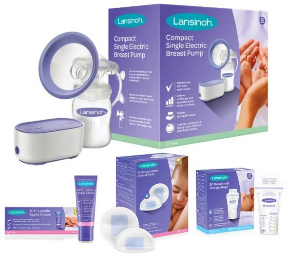 Електрическа помпа за кърма Lansinoh Compact Електрическа помпа за кърма Lansinoh Compact - С шише, биберон, торбички за кърма, подплънки за гърди и крем за зърна - продукт