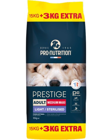 Суха храна за кастрирани кучета и със склонност към наднормено тегло Pro-Nutrition Adult Medium Maxi Light/Sterilised Суха храна за кастрирани кучета и със склонност към наднормено тегло Pro-Nutrition Adult Medium Maxi Light/Sterilised - 15 kg + 3 kg подарък, от серията Prestige Dog, за средни и едри породи, с тегло от 10 до 80 kg - храна