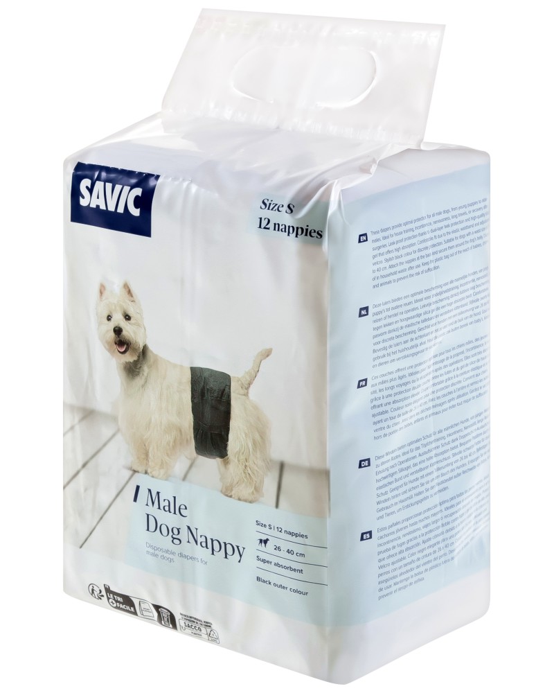 Пелени за мъжки кучета Savic Male Nappy S Пелени за мъжки кучета Savic Male Nappy S - 12 броя, от 26 до 40 cm - продукт