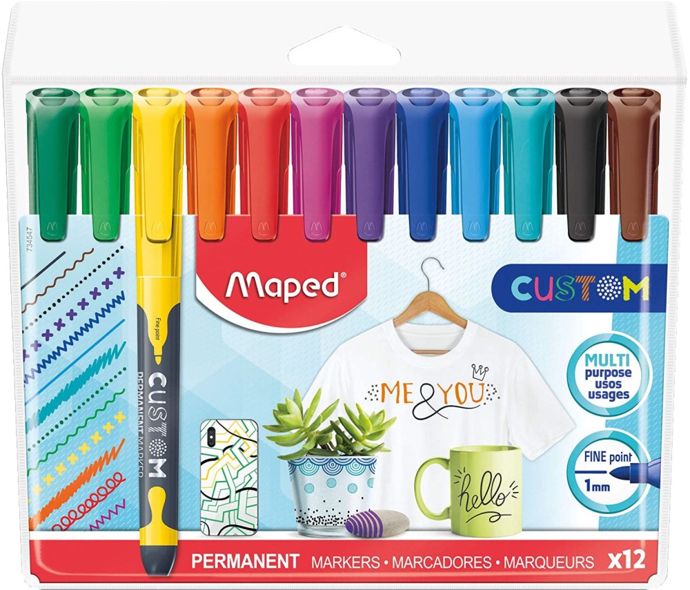 Перманентни маркери с объл връх Maped Custom Перманентни маркери с объл връх Maped Custom - 12 цвята -