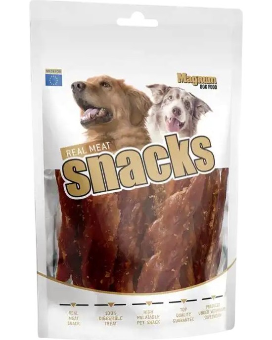 Лакомства за кучета Magnum Real Meat Snacks Лакомства за кучета Magnum Real Meat Snacks - 250 g, с патешко, за малки, средни и едри породи - храна