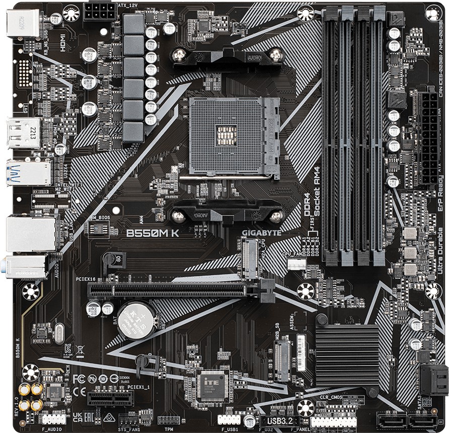 Дънна платка Gigabyte B550M K Дънна платка Gigabyte B550M K - AMD AM4, AMD B550, DDR4, Micro ATX -