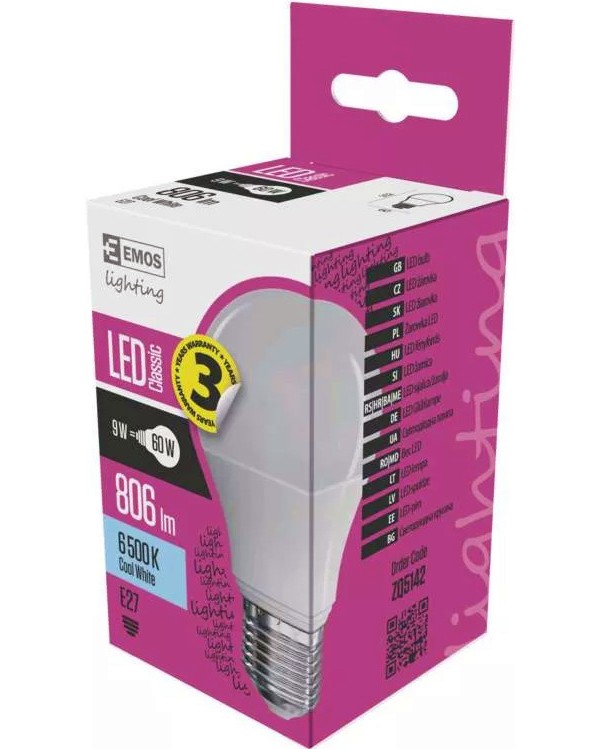 LED  Emos A60 E27 9 W 6500K - 806 lm   Classic - 