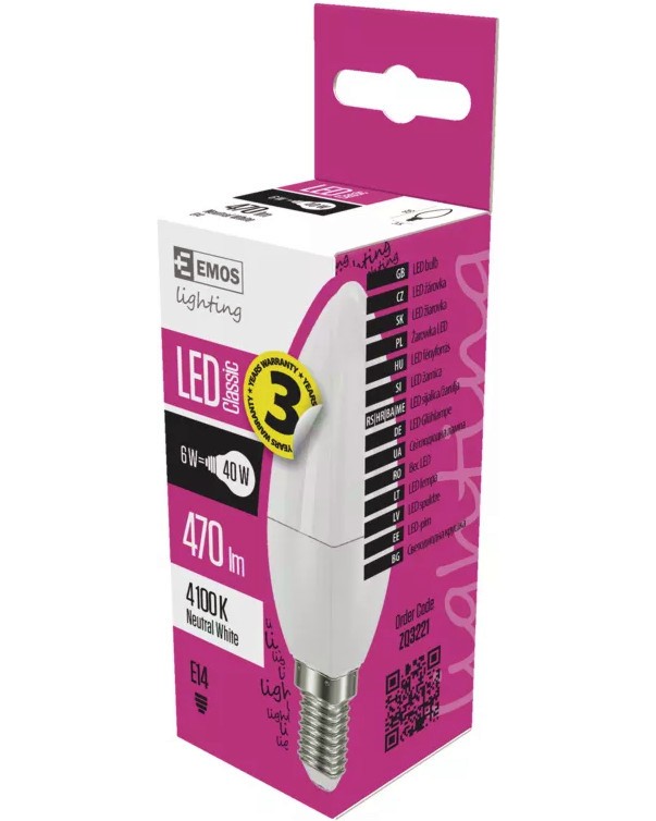 LED крушка Emos E14 6 W 4100K LED крушка Emos E14 6 W 4100K - 470 lm от серията Classic -