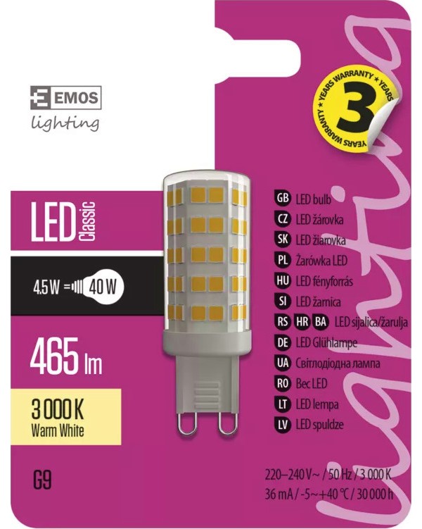 LED  Emos JC G9 4.5 W 3000K - 465 lm   Classic - 