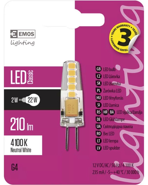 LED крушка Emos JC G4 2 W 4100K LED крушка Emos JC G4 2 W 4100K - 210 lm от серията Classic -