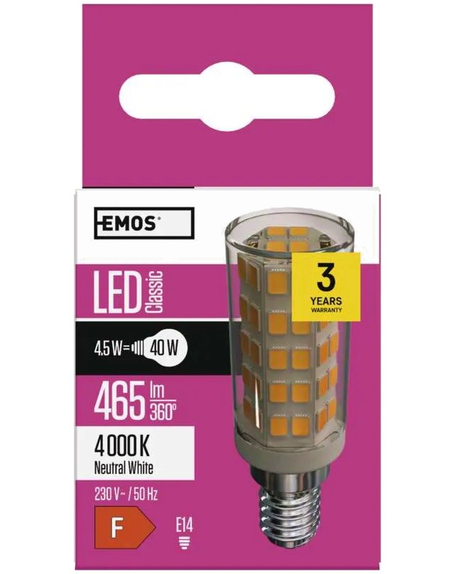LED крушка Emos JC E14 4.5 W 4000K LED крушка Emos JC E14 4.5 W 4000K - 465 lm от серията Classic -