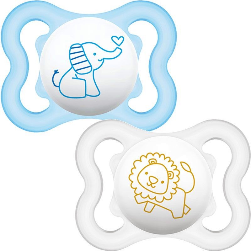 Залъгалки от силикон със симетрична форма - Air Soother Залъгалки от силикон със симетрична форма - Air Soother - Комплект от 2 броя с кутия за съхранение за бебета от 0+ до 6 месеца - залъгалка