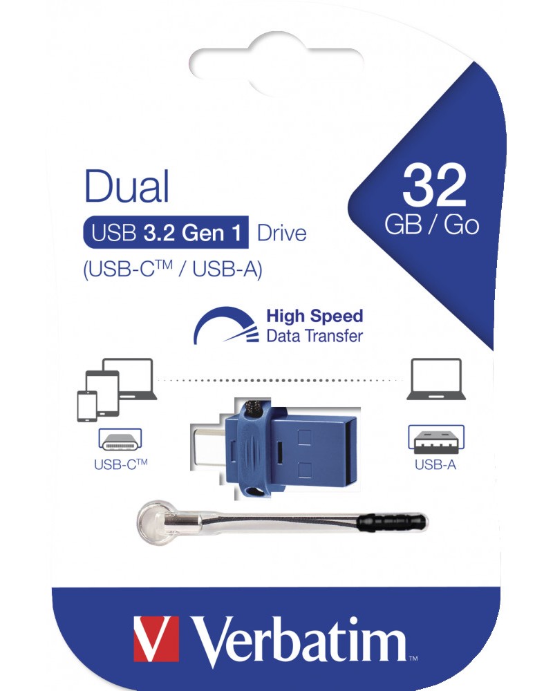 USB C / A 3.0 флаш памет 32 GB Verbatim Dual Drive USB C / A 3.0 флаш памет 32 GB Verbatim Dual Drive - От серията Store 'n' Go -