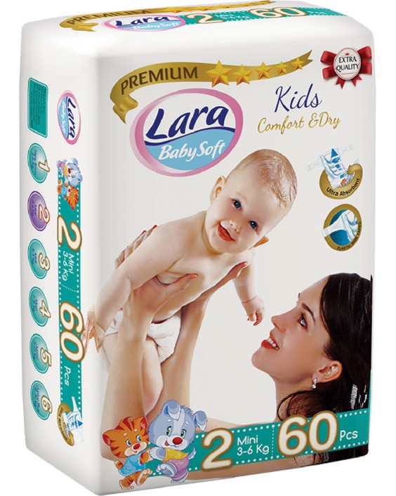 Пелени Lara Baby Soft Premium 2 Mini Пелени Lara Baby Soft Premium 2 Mini - 60 броя, за бебета 3-6 kg - продукт