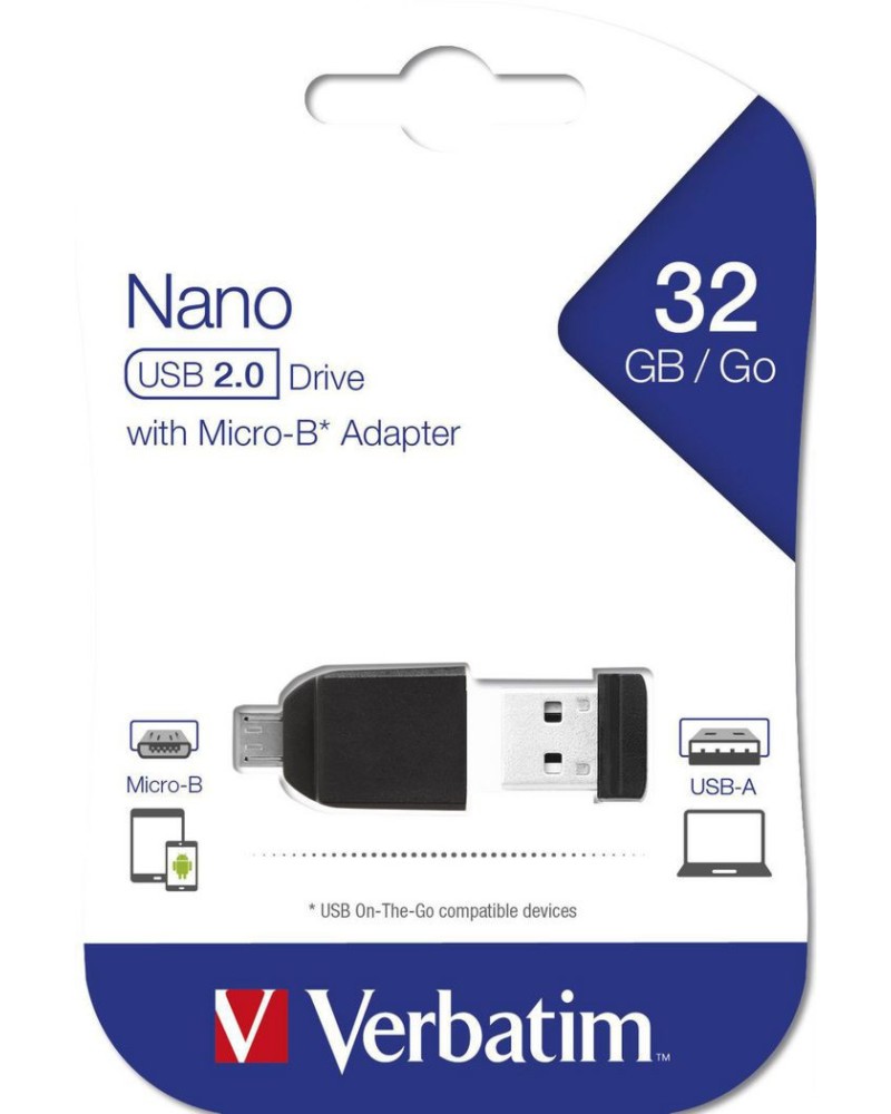 USB 2.0 флаш памет 32 GB Verbatim Nano USB 2.0 флаш памет 32 GB Verbatim Nano - С Micro USB OTG адаптер от серията Store 'n' Go -