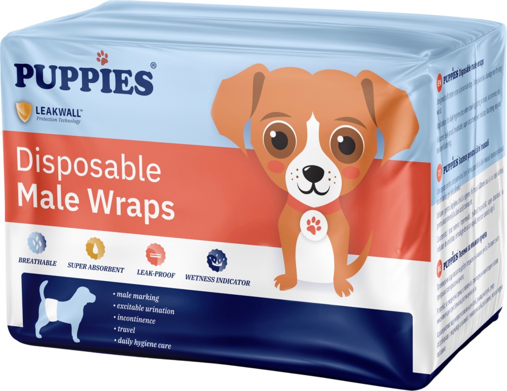 Пелени за мъжки кучета PUPPIES L Пелени за мъжки кучета PUPPIES L - 12 x 12 броя, от 55.8 до 68.5 cm - продукт