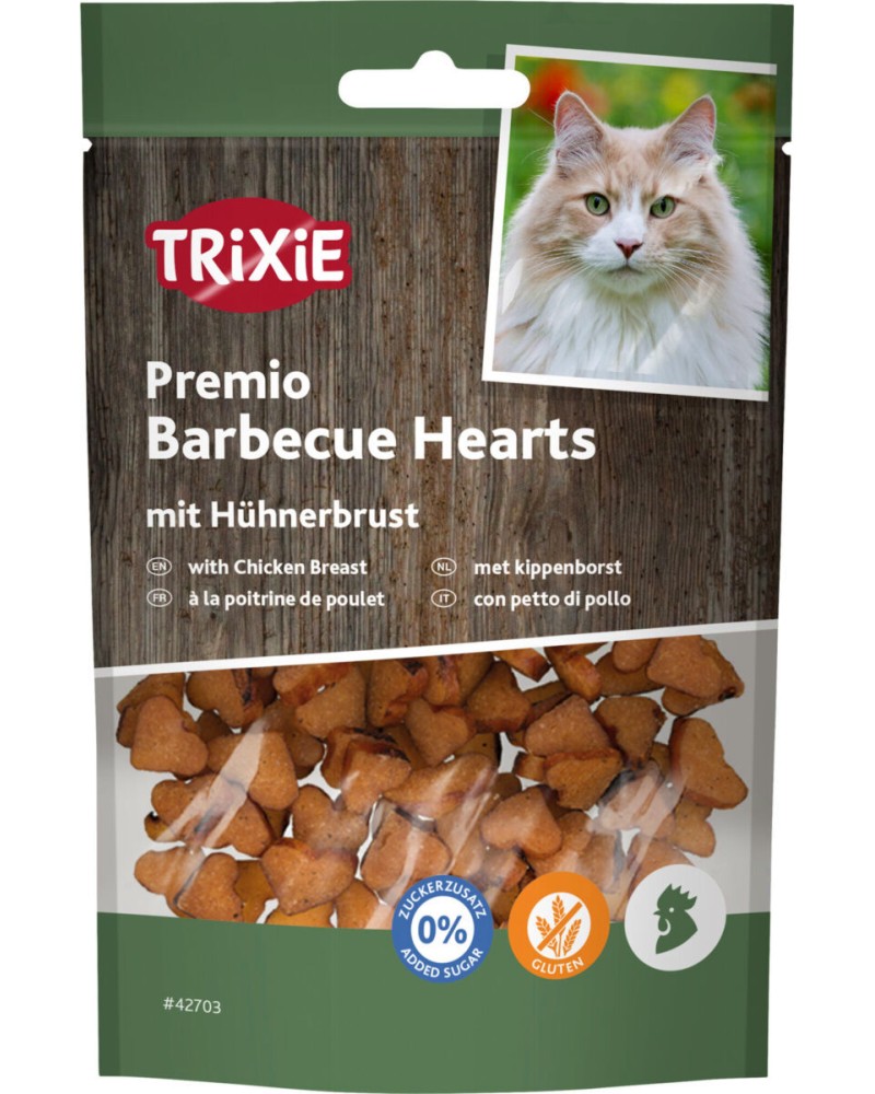 Лакомства за котки Trixie Barbecue Hearts Лакомства за котки Trixie Barbecue Hearts - 50 g, с пилешки гърди, от серията Premio - храна