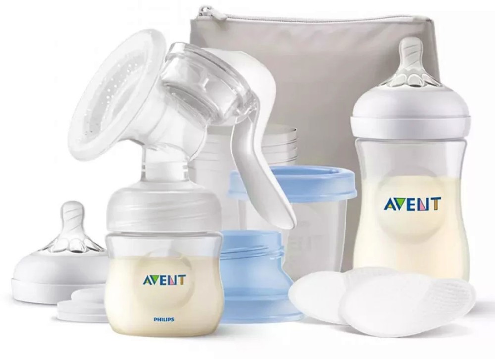 Ръчна помпа за кърма Philips Avent Natural Motion Ръчна помпа за кърма Philips Avent Natural Motion - С биберони, шишета, подплънки за гърди, контейнери Via и несесер - продукт