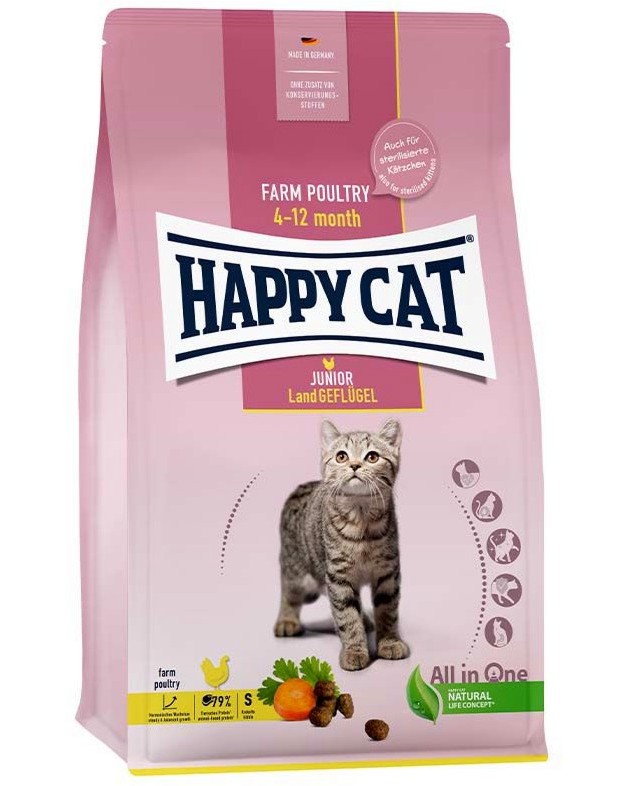 Суха храна за котки Happy Cat Junior Суха храна за котки Happy Cat Junior - 0.3 ÷ 10 kg, с пилешко, от серията Young, от 4 до 12 месеца - храна