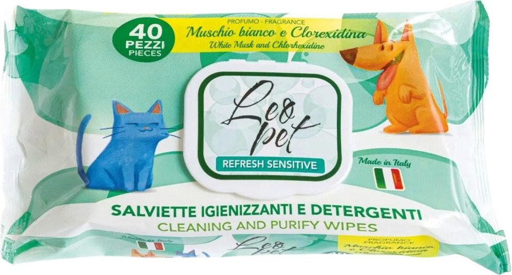 Мокри кърпички за домашни любимци Leopet Refresh Sensitive Мокри кърпички за домашни любимци Leopet Refresh Sensitive - 40 броя, с бял мускус и хлорхексидин - мокри кърпички