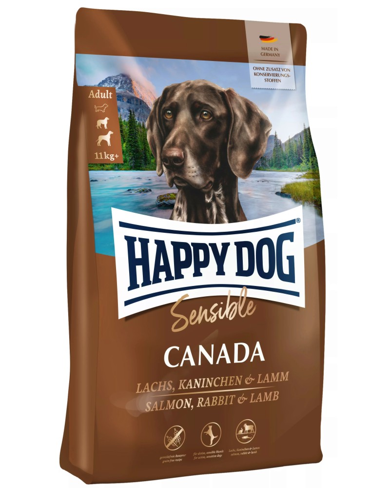 Суха храна за кучета с чувствително храносмилане Happy Dog Canada Adult Суха храна за кучета с чувствително храносмилане Happy Dog Canada Adult - 1 ÷ 11 kg, със сьомга, заешко и агнешко, от серията Sensible, в зряла възраст, 11+ kg - храна