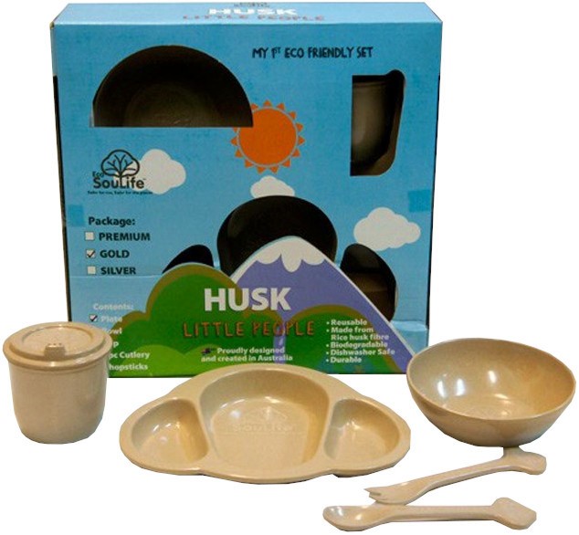 Детски еко комплект за хранене EcoSouLife Little People Husk - Купичка, чиния, чаша, виличка и лъжичка, 10+ м - 