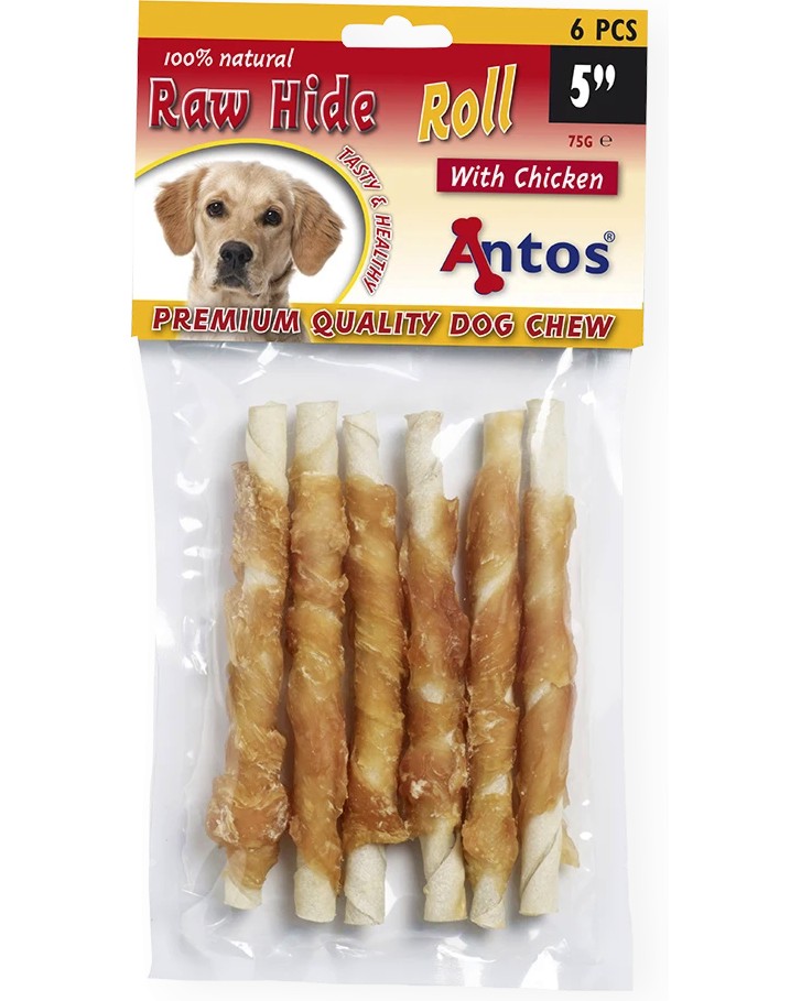 Натурални лакомства за кучета Antos Raw Hide White Натурални лакомства за кучета Antos Raw Hide White - 6 броя, с телешка кожа и пилешко месо, за дребни и малки породи - храна