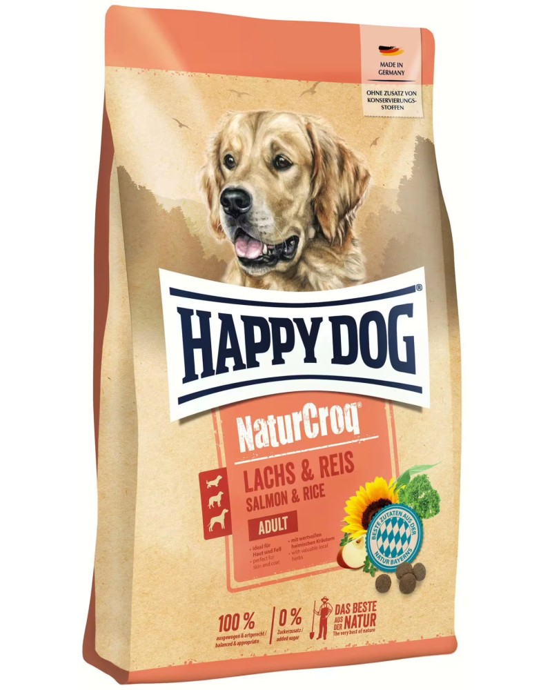 Суха храна за кучета Happy Dog Adult Суха храна за кучета Happy Dog Adult - 11 kg, със сьомга и ориз, от серията NaturCroq, в зряла възраст - храна