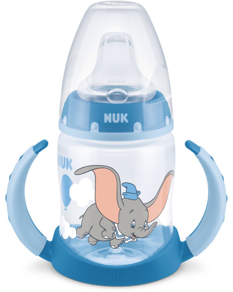 Неразливаща се преходна чаша NUK First Choice Temperature Control - 150 ml, с мек накрайник, на тема Слончето Дъмбо, 6-18 м - чаша