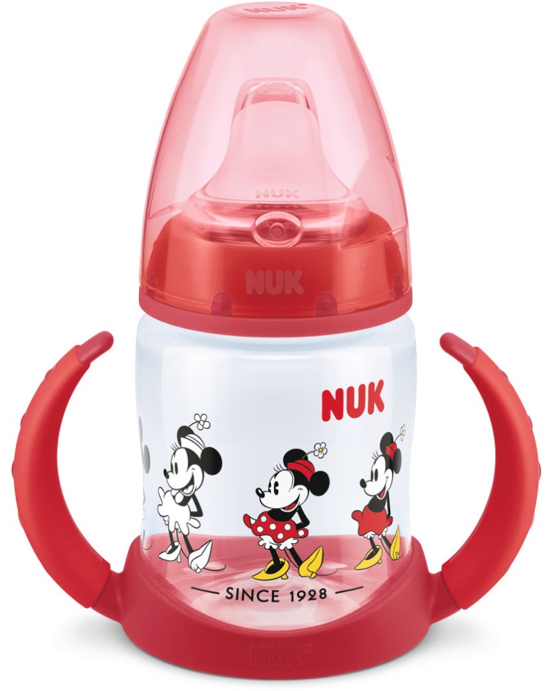 Неразливаща се преходна чаша NUK First Choice Temperature Control - 150 ml, с мек накрайник, на тема Мики Маус, 6-18 м - чаша