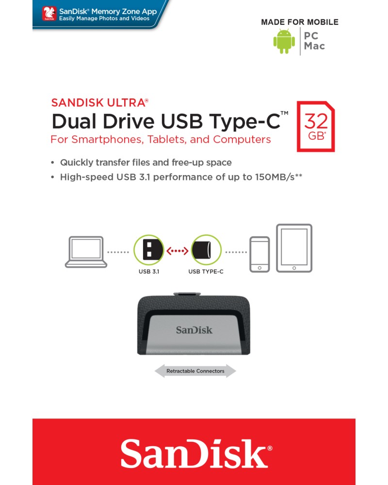 USB A / Type-C 3.1 флаш памет 32 GB SanDisk Dual Drive - От серията Ultra - 