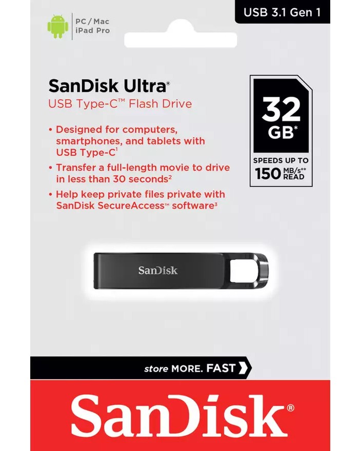 USB Type-C 3.1 флаш памет SanDisk 32 GB USB Type-C 3.1 флаш памет SanDisk 32 GB - От серията Ultra -