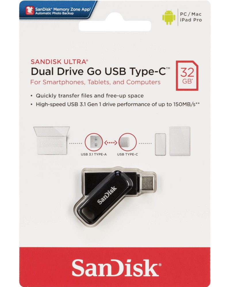 USB A / Type-C 3.2 флаш памет 32 GB SanDisk Dual Drive Go - От серията Ultra - 