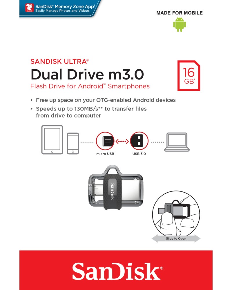 USB A / micro USB 3.0 флаш памет 16 GB SanDisk Dual Drive - От серията Ultra - 
