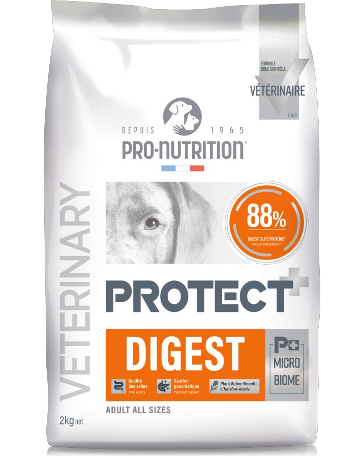 Суха храна за кучета с храносмилателни разстройства Pro-Nutrition Digest Суха храна за кучета с храносмилателни разстройства Pro-Nutrition Digest - 2 и 12 kg, от серията Protect Dog, за всички породи, с тегло от 2 до 80 kg - храна