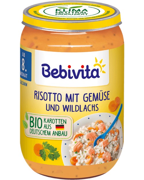 Пюре от ризото със зеленчуци и дива сьомга Bebivita - 220 g, за 8+ месеца - пюре