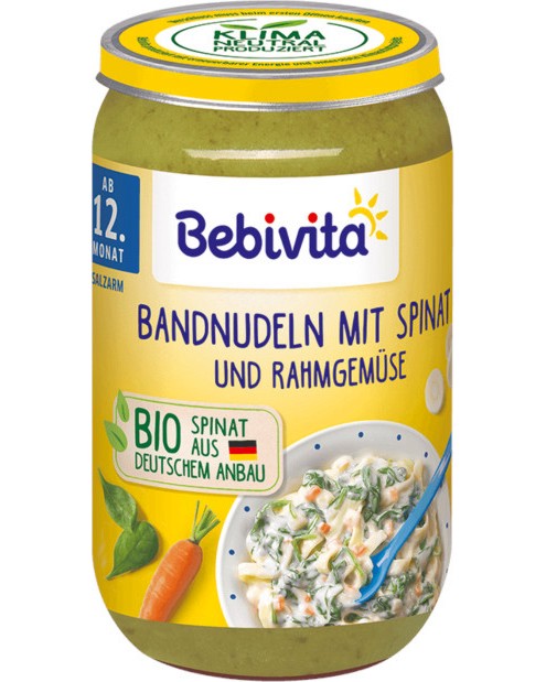 Био пюре от паста, спанак, зеленчуци и сметана Bebivita - 250 g, за 12+ месеца - пюре