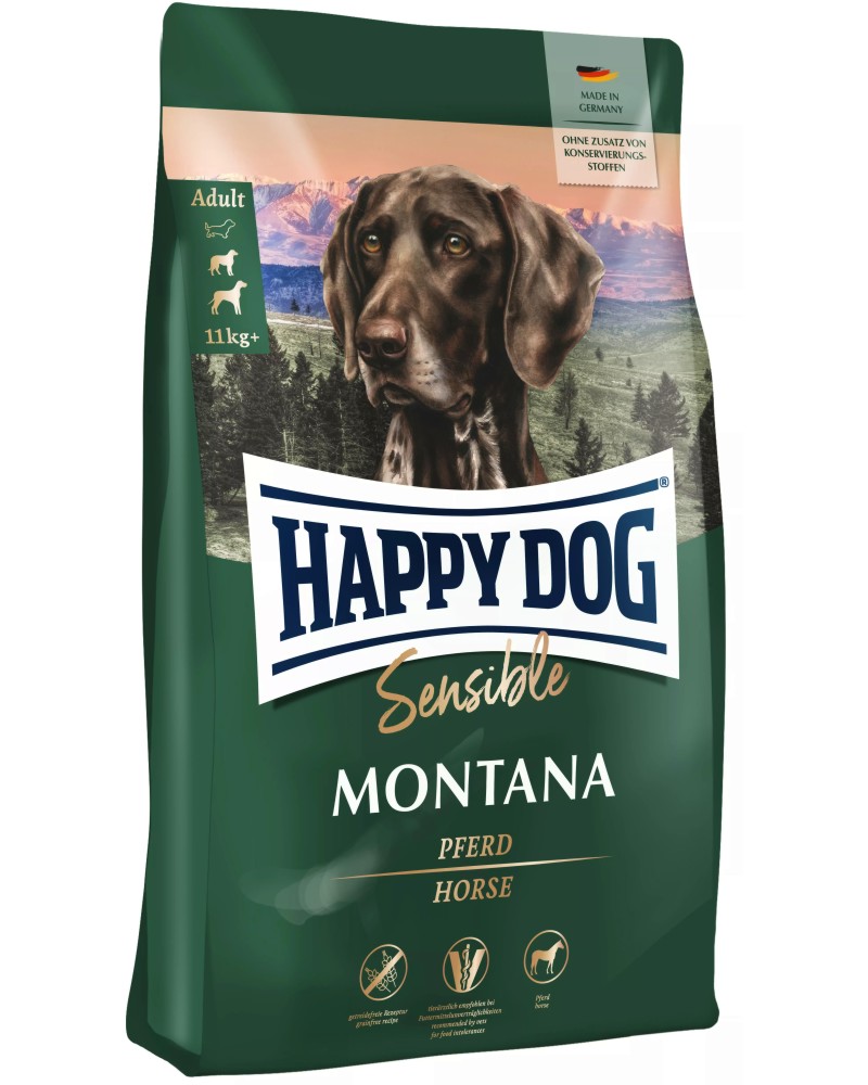 Суха храна за кучета с чувствително храносмилане Happy Dog Montana Adult Суха храна за кучета с чувствително храносмилане Happy Dog Montana Adult - 1 ÷ 10 kg, с конско, от серията Sensible, в зряла възраст, 11+ kg - храна