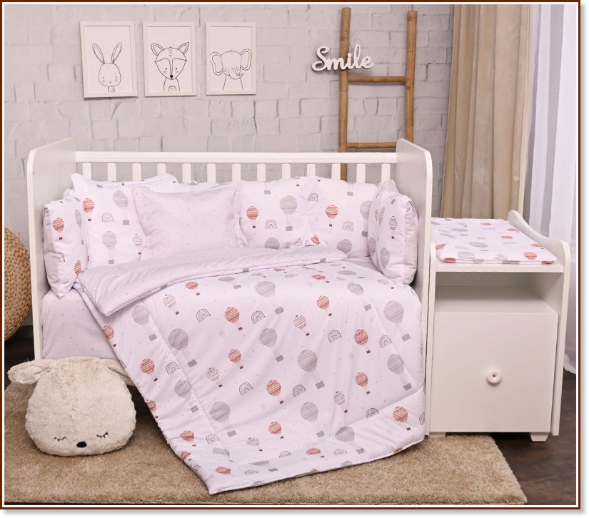 Бебешки двулицев спален комплект 5 части с обиколник Lorelli Trend - За легла 55 x 110 cm, от серията Балони - продукт
