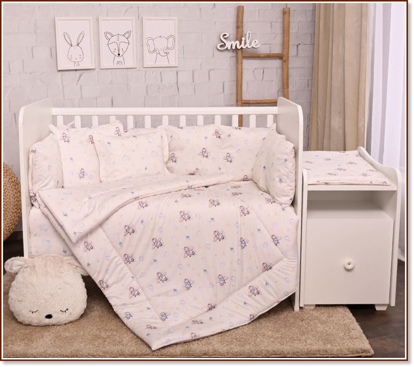 Бебешки двулицев спален комплект 5 части с обиколник Lorelli Trend - За легла 55 x 110 cm, от серията Самолети - продукт