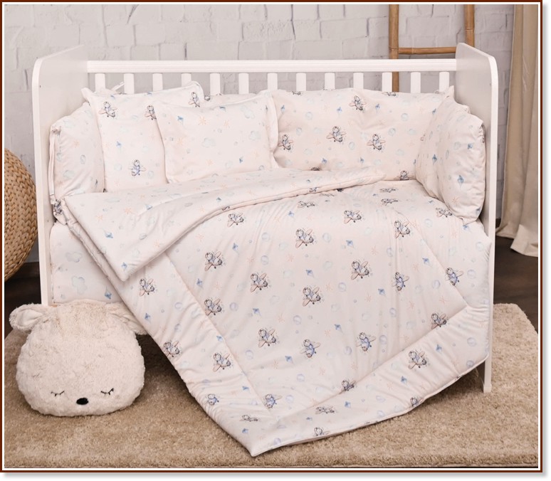 Бебешки двулицев спален комплект 5 части с обиколник Lorelli - За легла 70 x 140 cm, от серията Самолети - продукт