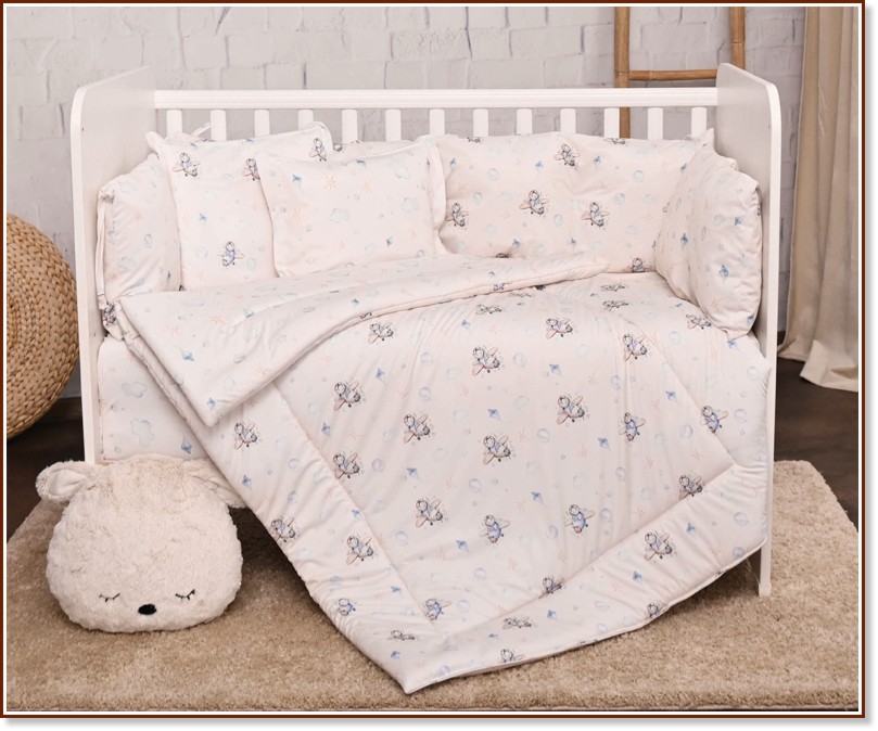 Бебешки двулицев спален комплект 4 части с обиколник Lorelli Lily - За легла 60 x 120 cm, от серията Самолети - продукт