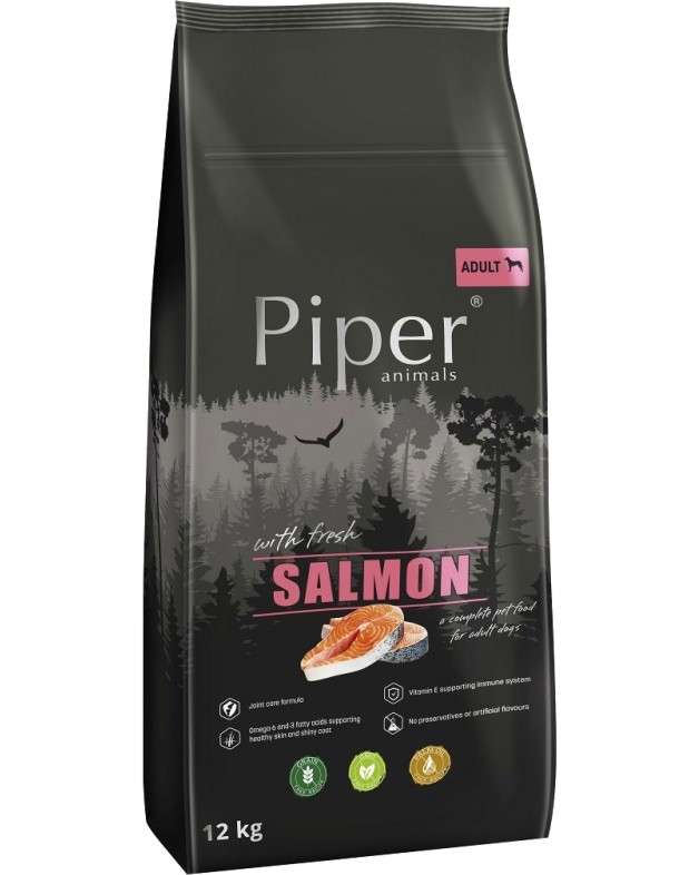 Суха храна за кучета Piper Adult Суха храна за кучета Piper Adult - 12 kg, със сьомга, в зряла възраст - храна