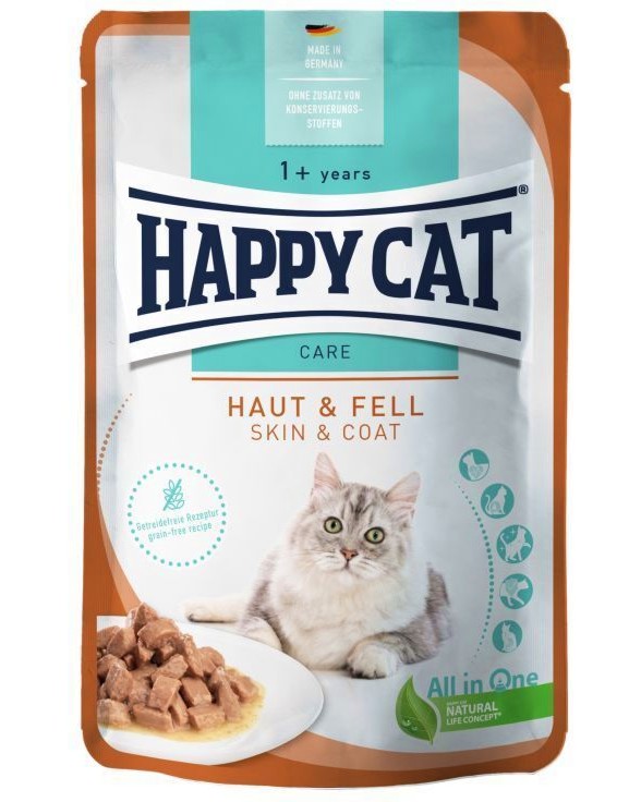 Пауч за котки за чувствителна кожа Happy Cat Care Skin & Coat Пауч за котки за чувствителна кожа Happy Cat Care Skin & Coat - 85 g, от серията Sensitive, в зряла възраст - храна