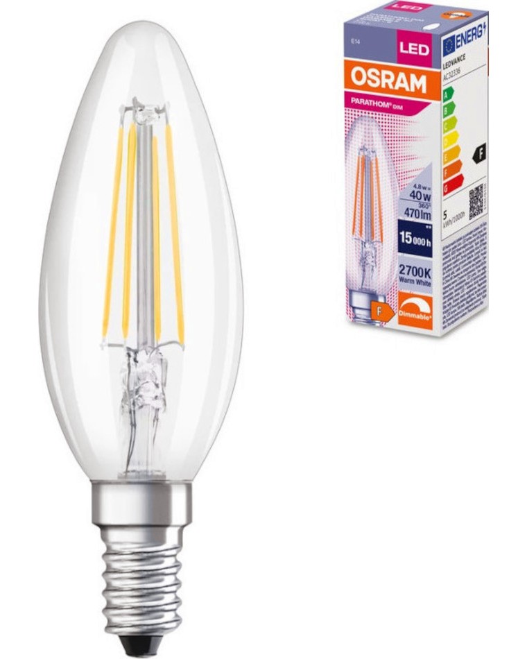 LED крушка Osram DIM CLB FIL40 827 E14 4.8 W 2700K LED крушка Osram DIM CLB FIL40 827 E14 4.8 W 2700K - 470 lm от серията Parathom -