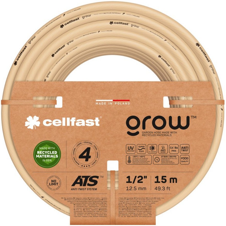 Четирислоен градински маркуч ∅ 1/2" Cellfast Четирислоен градински маркуч ∅ 1/2" Cellfast - 15 и 25 m от серията Grow -