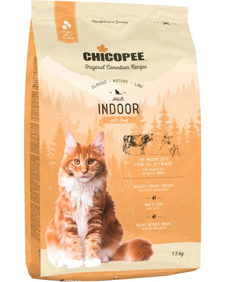 Суха храна за домашни котки CHICOPEE Adult Indoor Суха храна за домашни котки CHICOPEE Adult Indoor - 1.5 и 15 kg, с говеждо, от серията Classic Nature Line, за над 1 година - храна